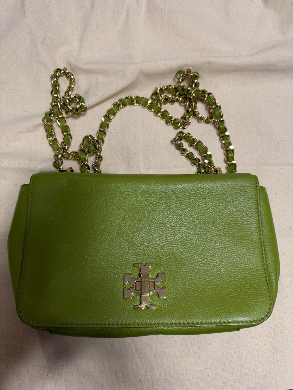 Tory Burch Lime Green Leather Chain Crossbody Bag with Gold Hardware